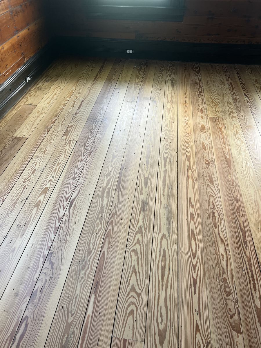 Heart pine floor freshly sanded, before finishing