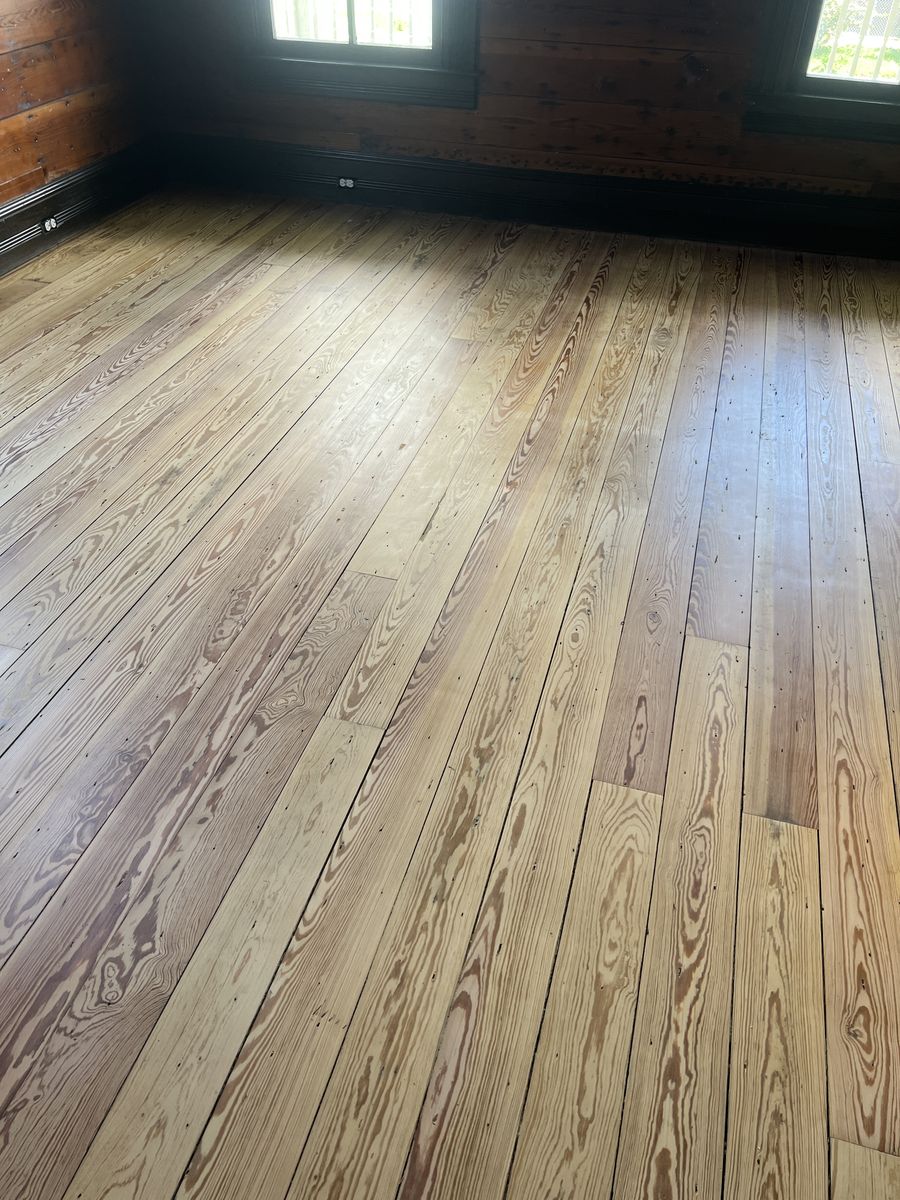 Heart pine floor freshly sanded, before finishing