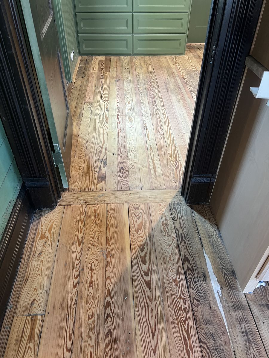 Heart pine floor freshly sanded, before finishing